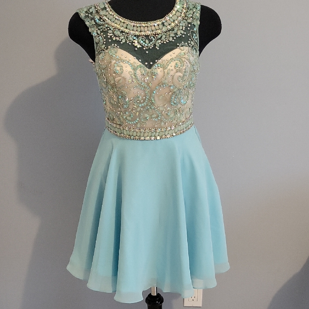 ALYCE Elegant Beaded prom Party Dress with Aqua Skirt